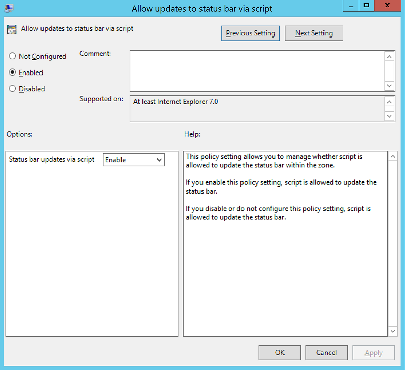 Captura de pantalla que muestra la barra de estado Permitir actualizaciones a través de la ventana de script con la configuración de directiva habilitada.