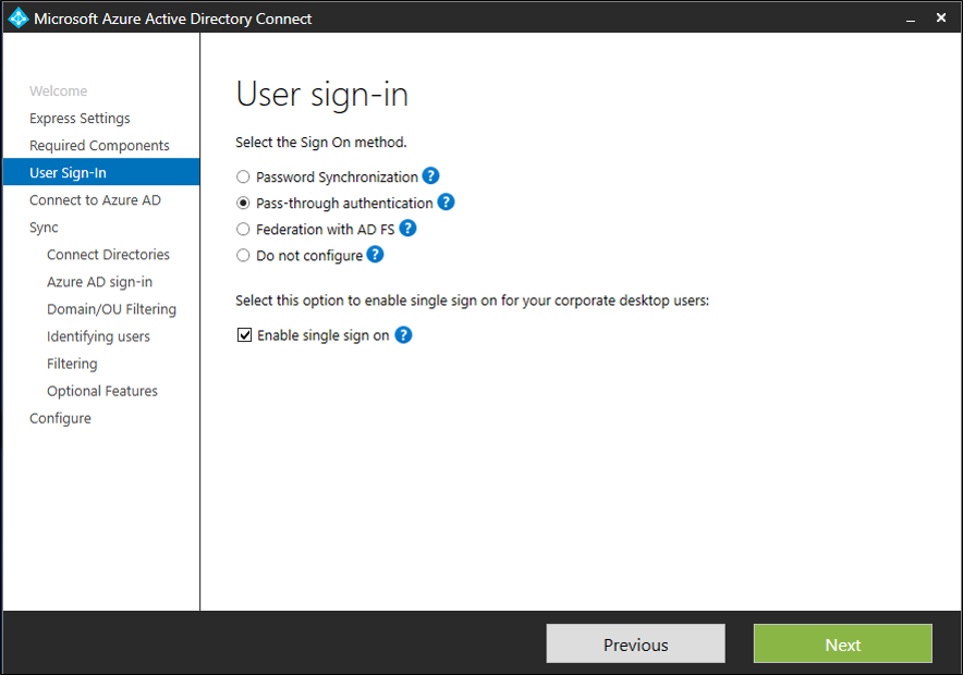 Captura de pantalla que muestra la página Inicio de sesión de usuario en Microsoft Entra Connect, con Habilitar inicio de sesión único seleccionado.