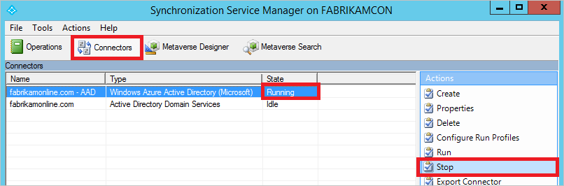 Captura de pantalla que muestra Synchronization Service Manager con conectores seleccionados y un conector en ejecución resaltado con la acción Detener seleccionada.