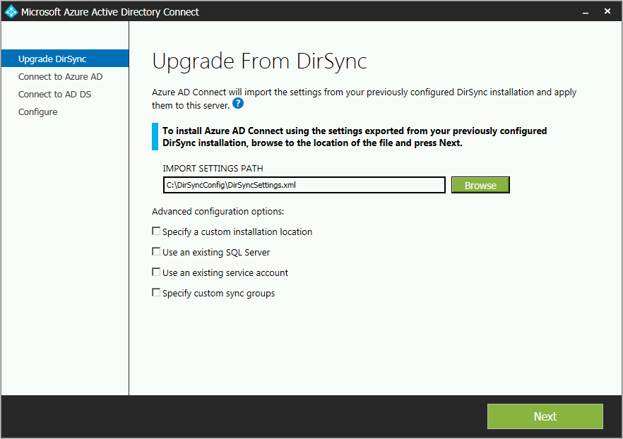 Captura de pantalla que muestra las opciones de configuración avanzada para actualizar desde DirSync.