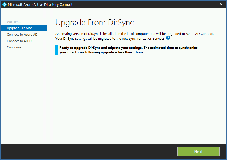 Captura de pantalla que muestra el análisis completado y que ya puede realizar la actualización desde DirSync.