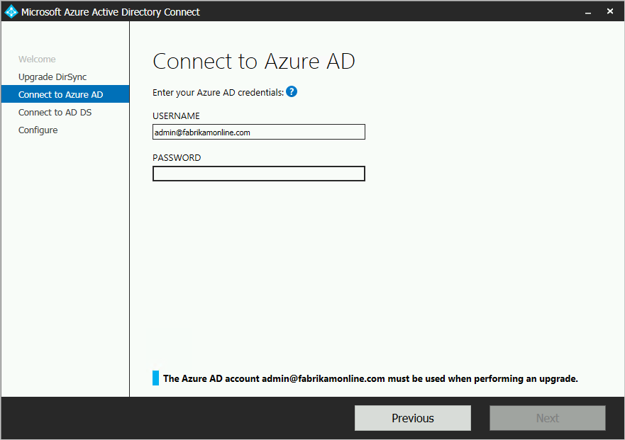 Captura de pantalla que muestra dónde se escriben las credenciales de Microsoft Entra.