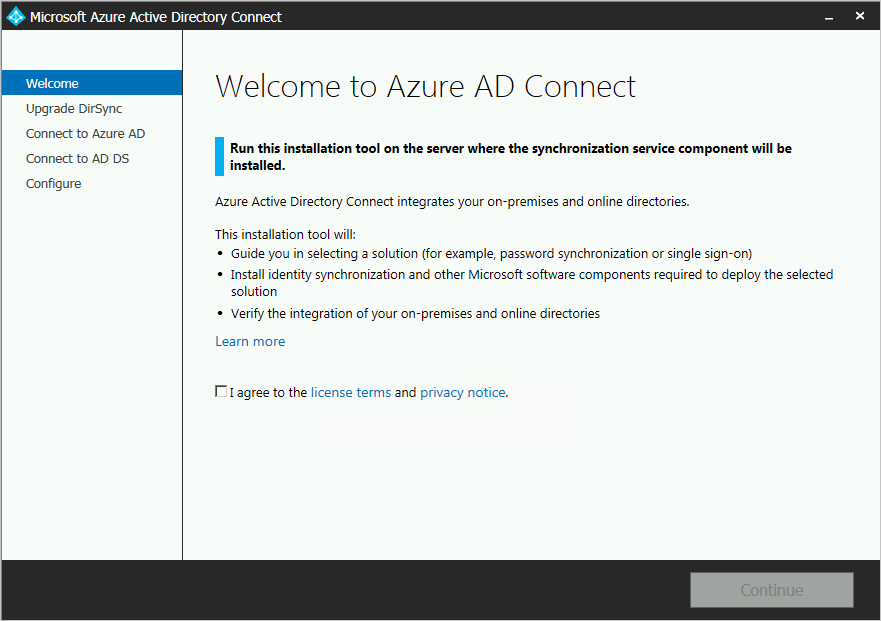 Captura de pantalla que muestra la página de bienvenida a Microsoft&nbsp;Entra Connect.