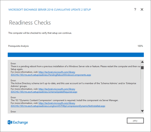 Instalación de Exchange: página de comprobación de preparación con errores detectados.