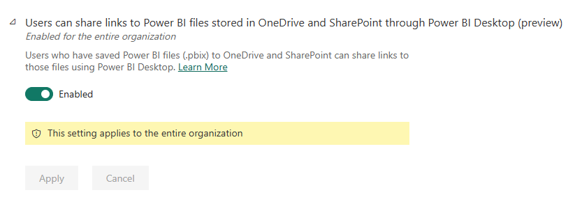 Captura de pantalla de la configuración de administrador denominada Usuarios pueden compartir vínculos a archivos Power BI almacenados en OneDrive y SharePoint a través de Power BI Desktop.