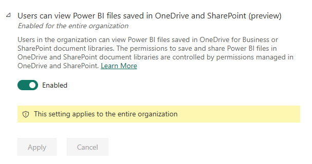 Captura de pantalla de la configuración de administrador denominada: Los usuarios pueden ver los elementos de Power BI guardados en OneDrive y SharePoint.