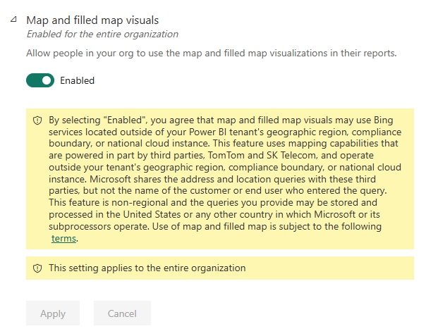Captura de pantalla de la configuración de administración de visualizaciones de mapas y mapas rellenos.