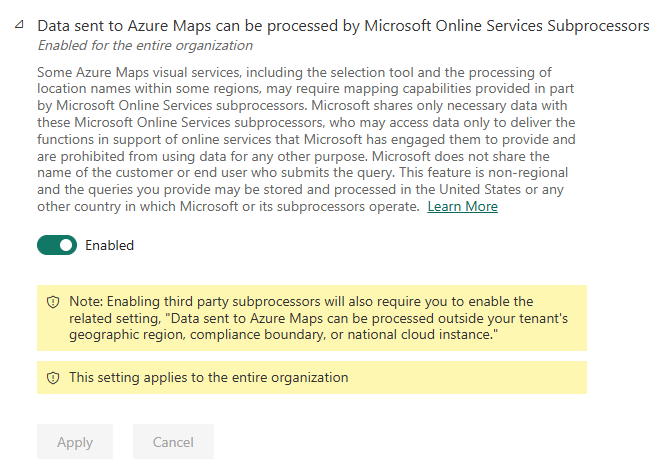 Captura de pantalla de la configuración del administrador visual de Azure Maps.