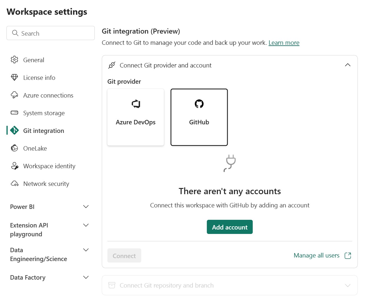 Captura de pantalla de la ventana de integración de GitHub sin ninguna cuenta existente para seleccionar.