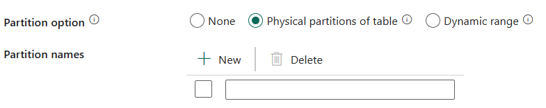 Captura de pantalla que muestra la configuración al seleccionar Particiones físicas de la tabla.