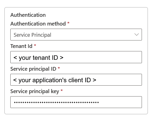 Captura de pantalla que muestra la página del método de autenticación de Principal de Servicio.