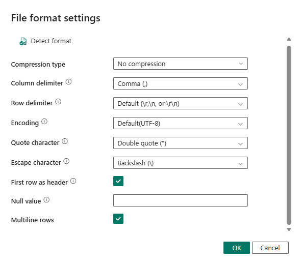 Captura de pantalla que muestra la configuración del formato del archivo de origen.
