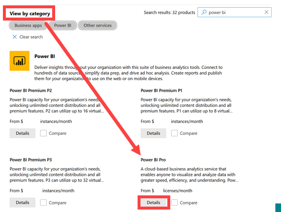 Captura de pantalla de las opciones de Power BI para servicios de compra.