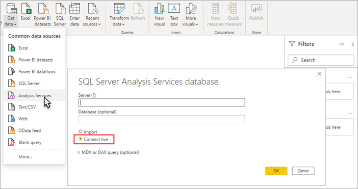  Captura de pantalla de Power BI Desktop Analysis Services está seleccionada. Conectar en directo está resaltado en el cuadro de diálogo de la base de datos de Analysis Services.