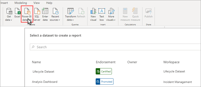 Screenshot de Power BI Desktop, el modelo semántico de Power BI está resaltado en la cinta de opciones. El cuadro de diálogo para seleccionar el modelo semántico está en el panel principal. 