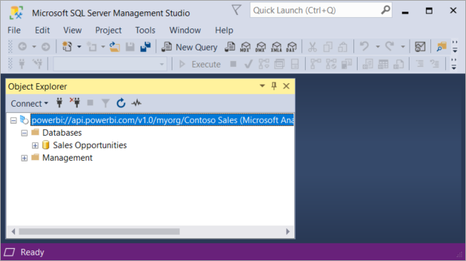 Captura de pantalla de la ventana de Microsoft SQL Server Management Studio. Explorador de objetos está en el panel principal.