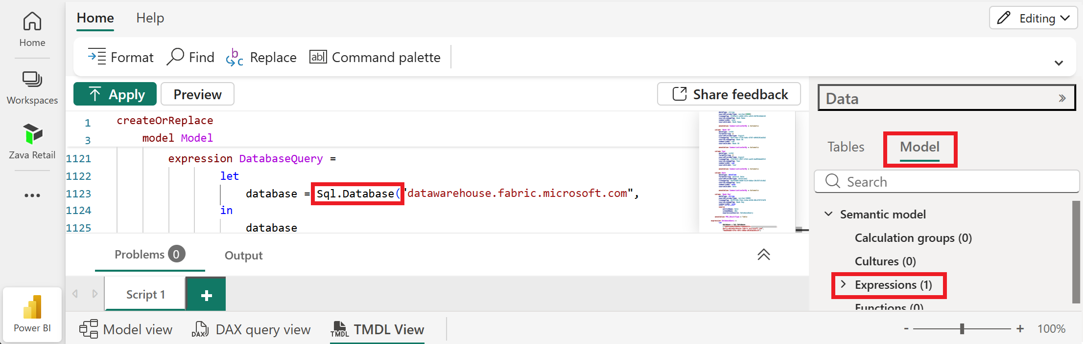 Captura de pantalla que muestra el conector de SQL Server en la vista TMDL de un modelo de Direct Lake en SQL.
