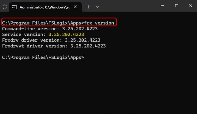 Captura de pantalla que muestra la utilidad frx del símbolo del sistema.