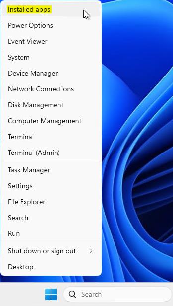 Captura de pantalla que muestra el menú contextual Aplicaciones instaladas.
