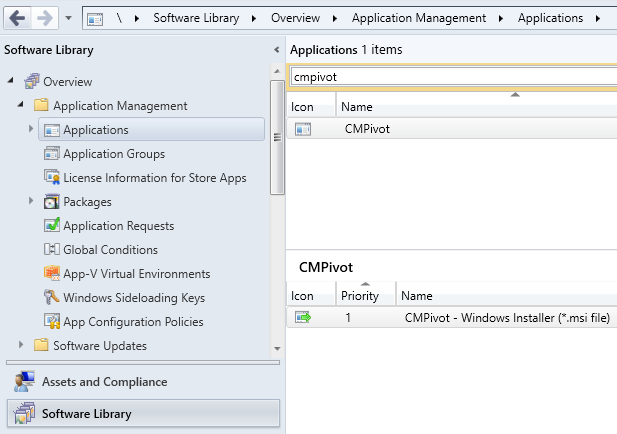 CMPivot en el nodo Aplicaciones de la consola de Administrador de configuración.