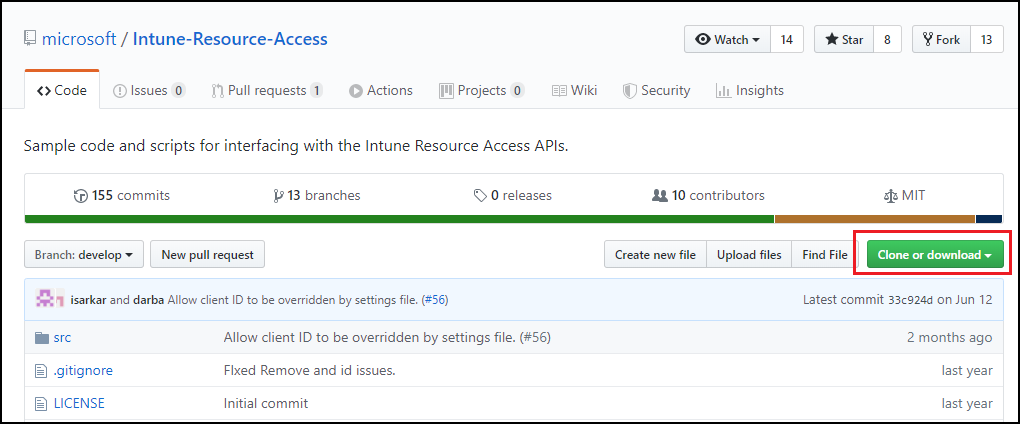 Botón Código de GitHub que muestra las opciones de descarga y clonación para el proyecto de PowerShell de importación de PFX
