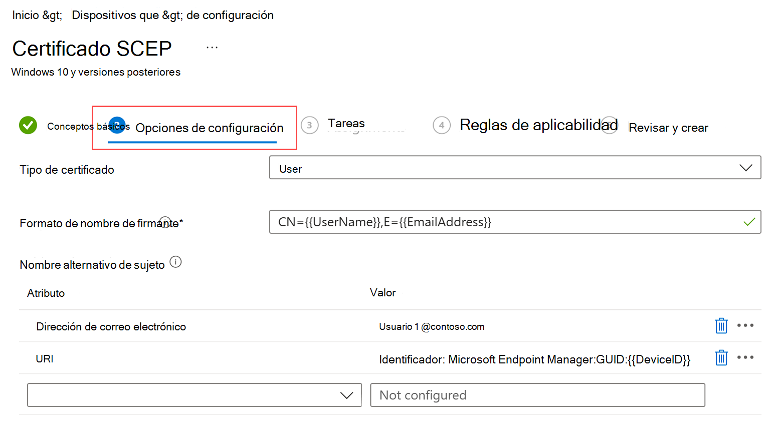 Sección Configuración del perfil de certificado SCEP