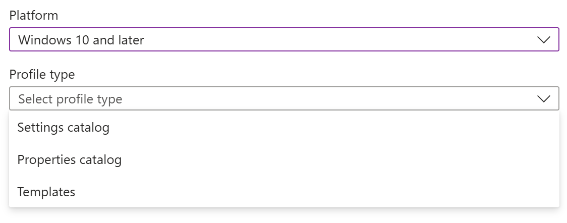 Captura de pantalla que muestra cómo crear una directiva y un perfil de configuración de dispositivos Windows en Microsoft Intune.