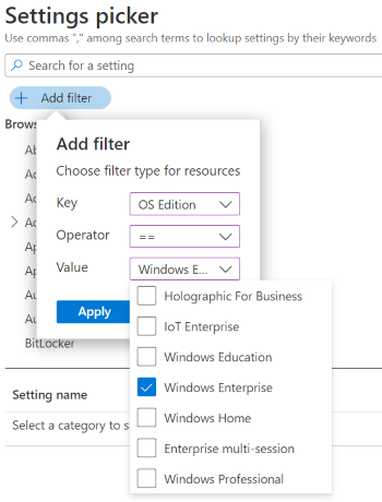 Captura de pantalla que muestra el catálogo de configuración al filtrar la lista de configuración por edición de Windows en Microsoft Intune y Intune centro de administración.