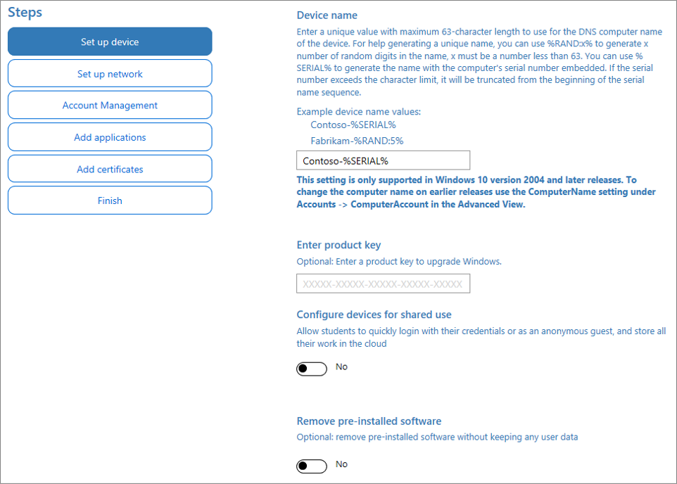Captura de pantalla de la especificación de nombre y clave de producto en la aplicación Windows Configuration Designer