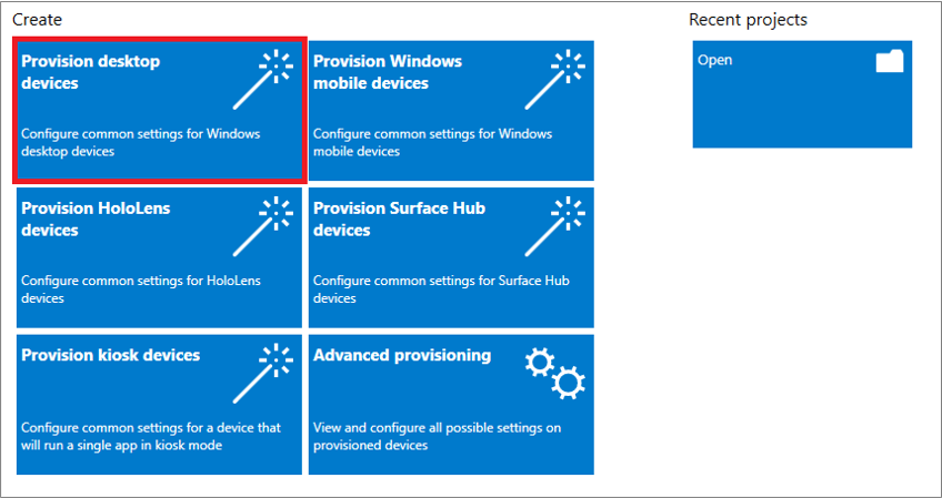 Captura de pantalla de la selección de Aprovisionar dispositivos de escritorio en la aplicación De configuración de Windows Designer