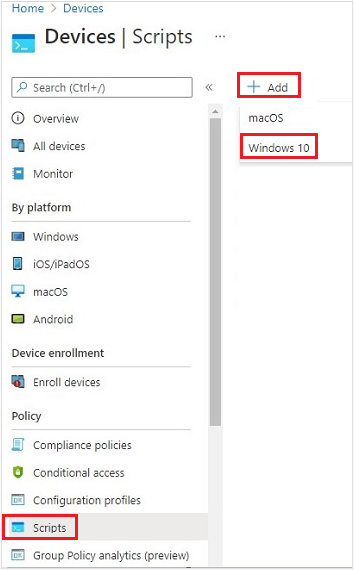 Captura de pantalla que muestra cómo crear un nuevo script para un dispositivo Windows.
