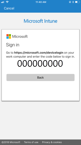 Se proporcionan instrucciones para ir a la https://microsoft.com/devicelogin página, con un código de acceso único, desde el equipo de trabajo y, a continuación, para usar el código para iniciar sesión.