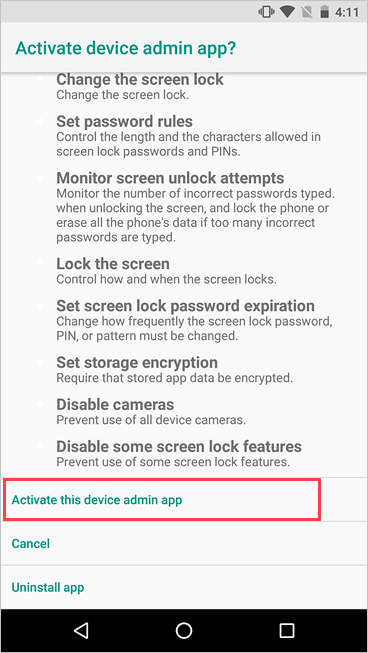 Captura de pantalla de la pantalla Activar administrador de dispositivos, resaltando el botón activar.