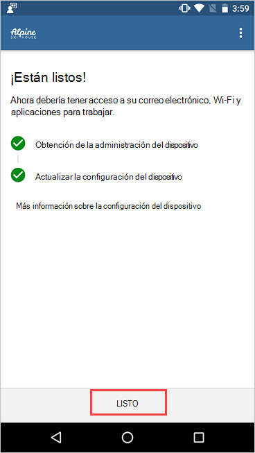 Captura de pantalla de Portal de empresa, pantalla Configuración de acceso a la empresa, en la que se muestra la configuración completada y el resaltado del botón Listo.