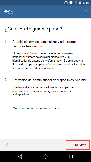 Captura de pantalla de Portal de empresa, Siguiente pantalla, resaltando el botón Siguiente.