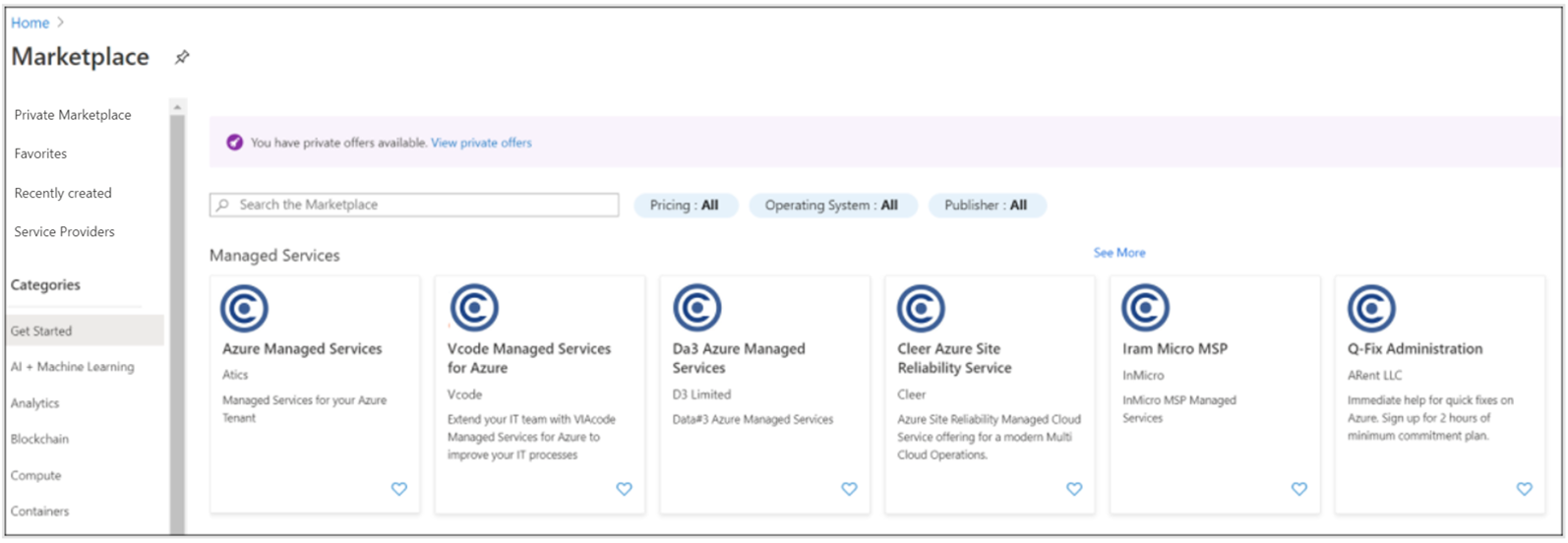 Captura de pantalla que muestra la opción de menú Marketplace privado en el lado izquierdo de Microsoft Marketplace.