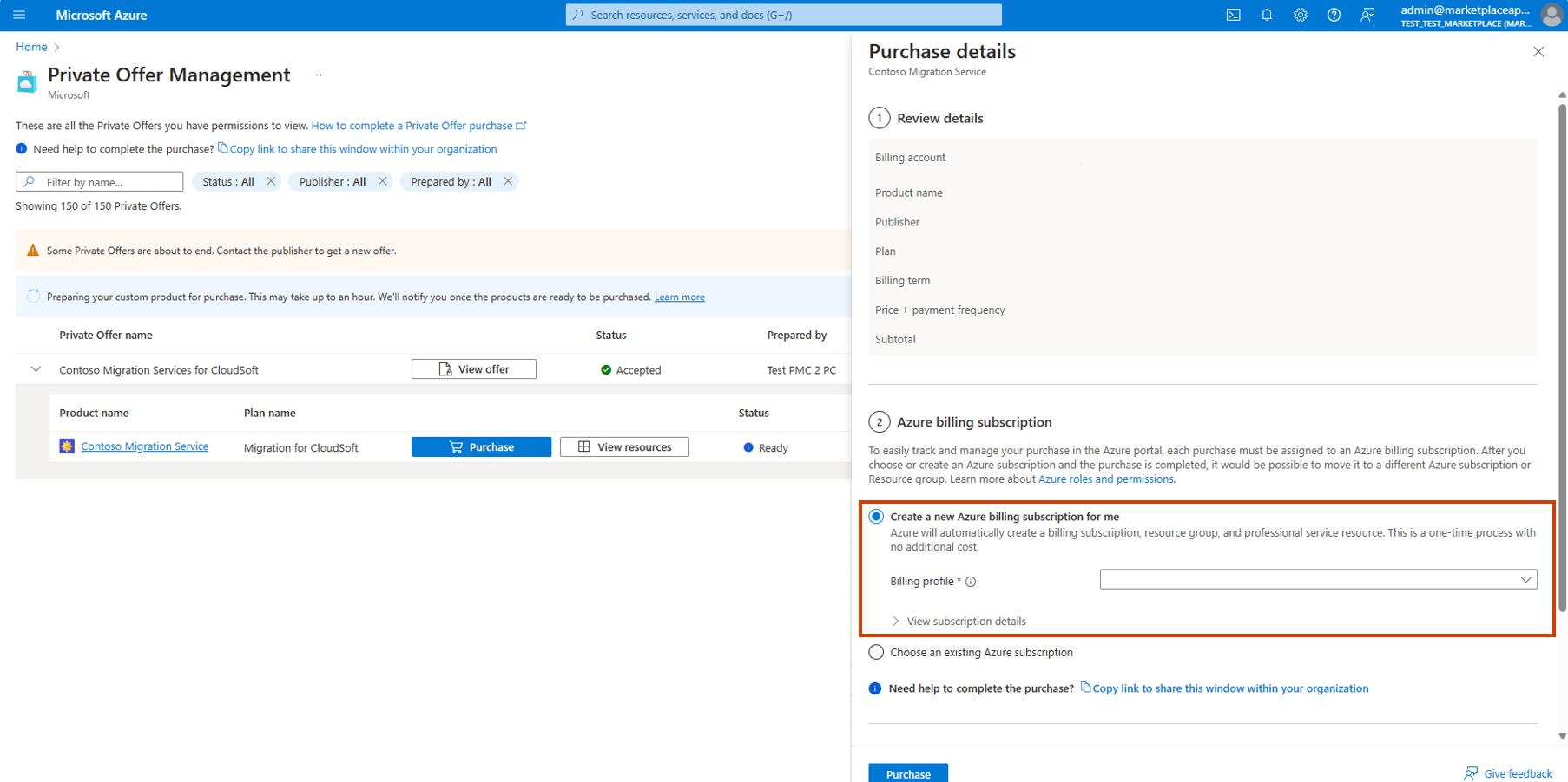 Captura de pantalla que muestra la página de detalles de compra con la opción para crear una nueva suscripción seleccionada.