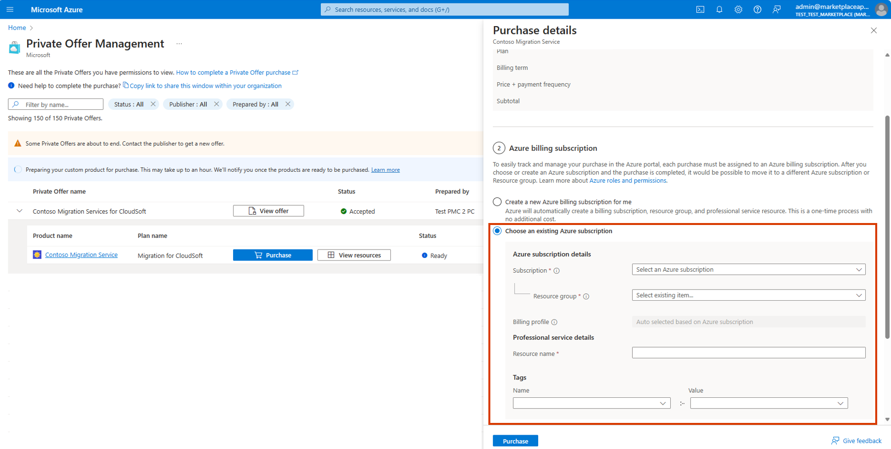 Captura de pantalla que muestra la opción de elegir una suscripción de Azure existente seleccionada durante la compra de un servicio profesional.