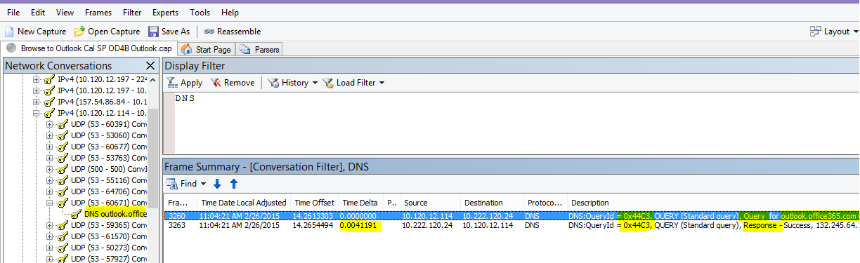 Un seguimiento de Netmon de Outlook en la Web carga filtrada por DNS y que usa Buscar conversaciones y, a continuación, DNS para restringir los resultados.