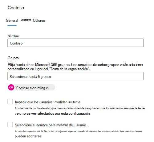 Captura de pantalla: pestaña General que muestra el tema predeterminado para un grupo de usuarios de la organización.