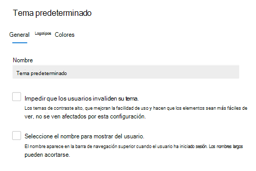 Captura de pantalla: pestaña General que muestra el tema predeterminado de la organización.