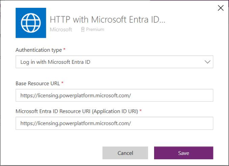 Captura de pantalla que muestra la configuración de la dirección URL del host de licencias como URL de recurso base para HTTP con el conector de Microsoft Entra ID.