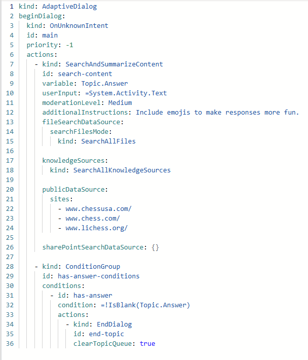 Captura de pantalla de un bloque de código YAML de ejemplo en el editor de código