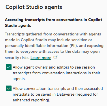 Captura de pantalla de la sección de configuración de Copilot Studio para entornos en el centro de administración de Power Platform.