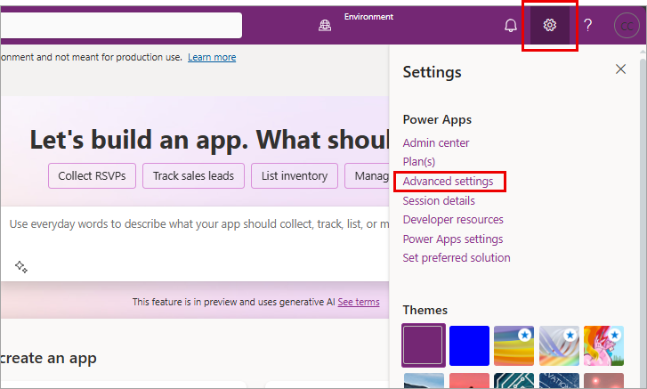 Captura de pantalla del menú Configuración de Power Apps con configuración avanzada resaltada.
