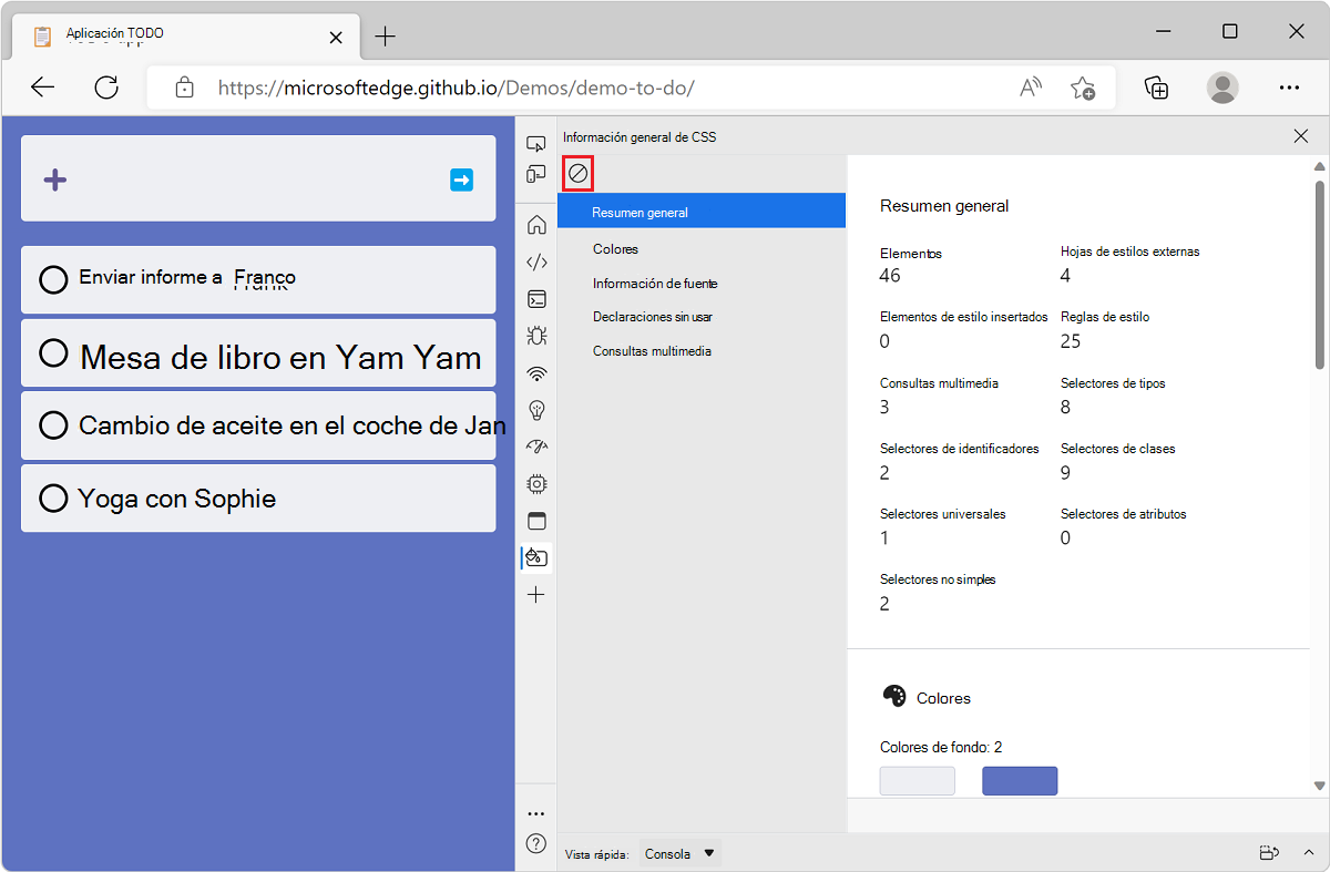 Microsoft Edge, con la aplicación de demostración de lista TODO y DevTools junto a ella, que muestra un informe de información general de CSS con el botón Borrar información general en la parte superior