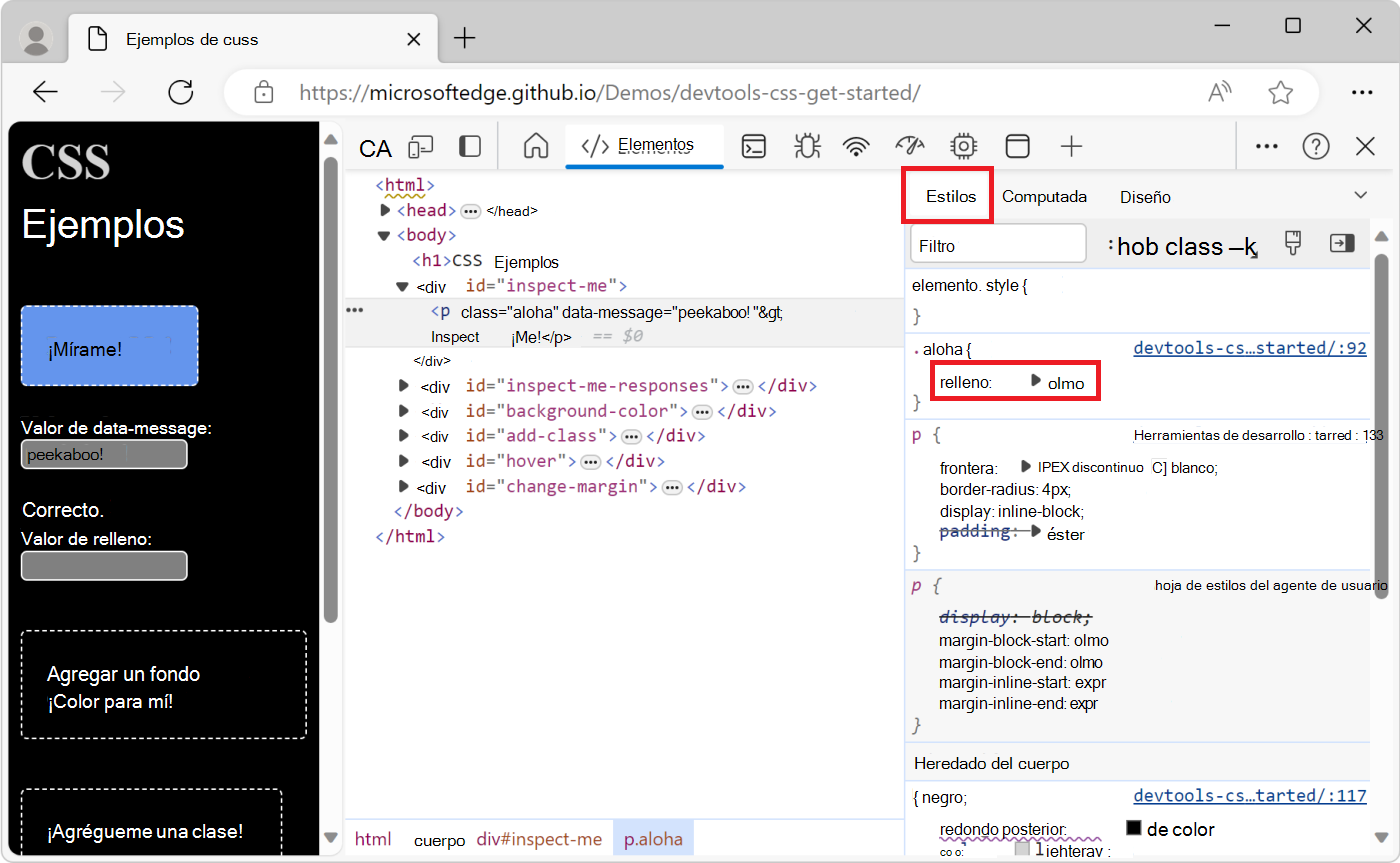 La clase CSS aplicada al elemento inspeccionado se resalta en el panel Estilos