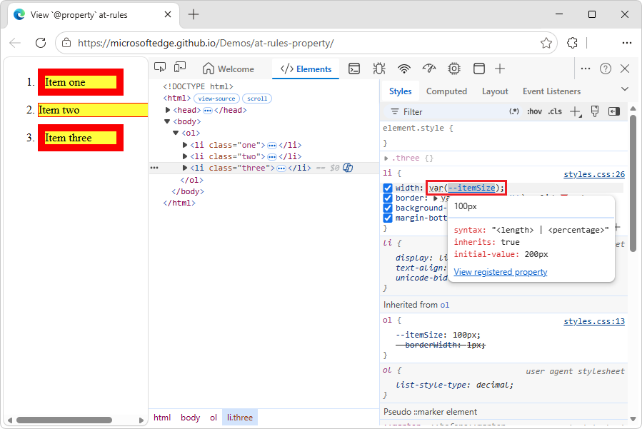 Información sobre herramientas del CSS en regla de propiedad