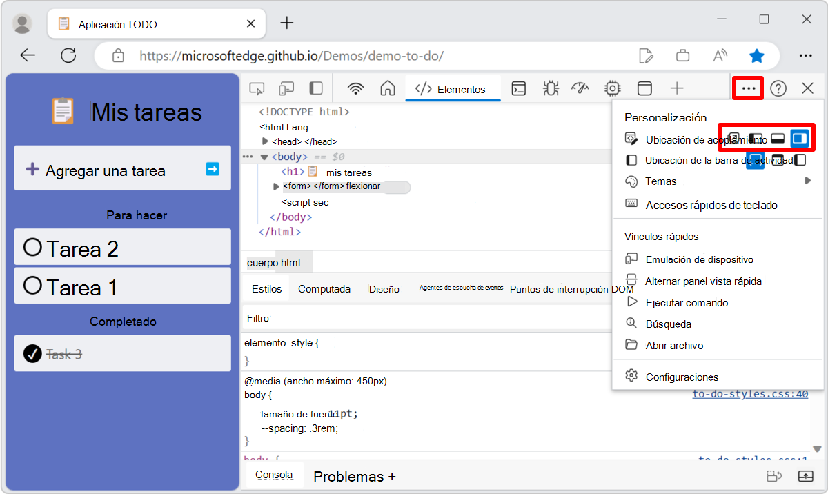 Menú Ubicación de acoplamiento en DevTools