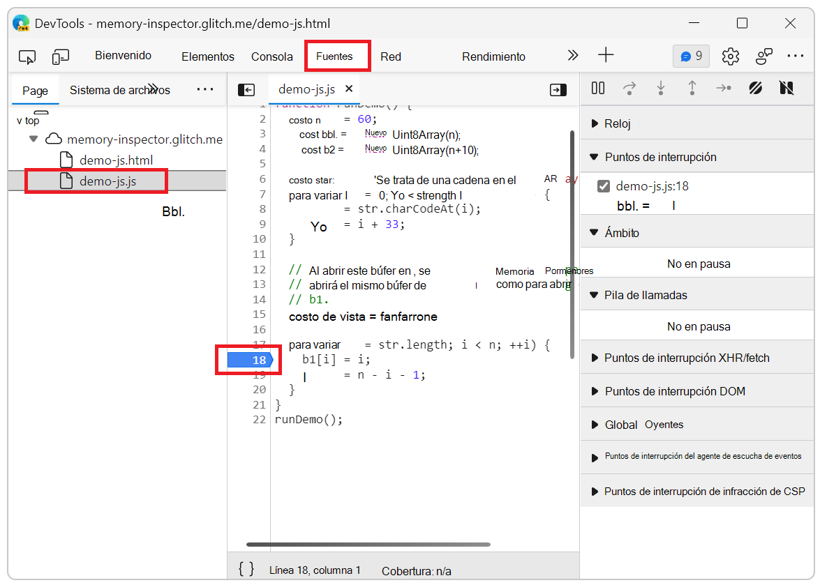 Punto de interrupción del conjunto de inspectores de memoria en el archivo JavaScript